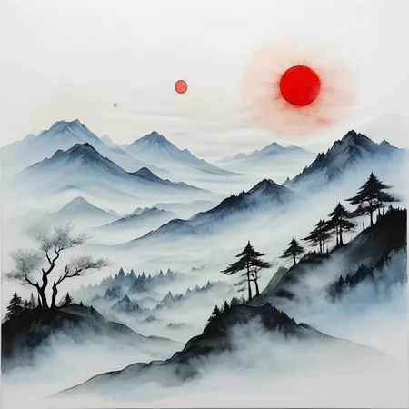 <lora:Expressive_Watercolor_Ink_washSDXL:1> ArsMJStyle, Expressive Watercolor Ink Wash, The image is a landscape painting of a mountain range. The sky is a light blue color with a few wispy clouds. The mountains are covered in a thick layer of fog giving them a hazy appearance. In the center of the image there are two red circles which appear to be the sun or moon. The trees on the mountains are silhouetted against the sky adding a touch of greenery to the scene. The overall mood of the painting is peaceful and serene., no humans, scenery, mountain, tree, nature, sun, forest, outdoors, traditional media, sky