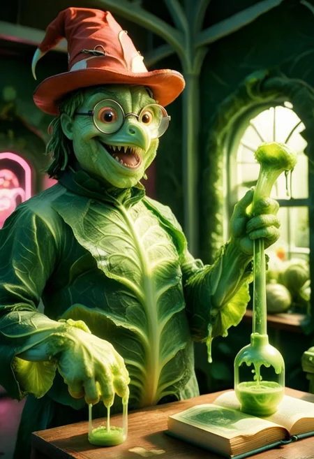 (An anthropomorphic white crane bird looks out at an audience, while reading aloud from a magical book, solo, 1man, 70yo, open mouth, happy smile, black and pink magician old dusty outfit made of cabbages, very small black round glasses, red hat:1.5). An opened impressive magic book, (book cover made of cabbages leafs, cabbage, cjdl:1.5), (leaking green fluo neon acid from inside to the outside, TOXNEO:2). (side view, 3/4:1.4), (focus on the book pages:2). Rays of light coming from inside the book.
The atmosphere is magical and dreamy.
(In the foreground, we see a cabbage that transforms into a monster following a toxic liquid, TOXNEO.:2)
Dusk, blue sky, orange rays of sun. dutch-angle, (foreshortening, perspective:2).