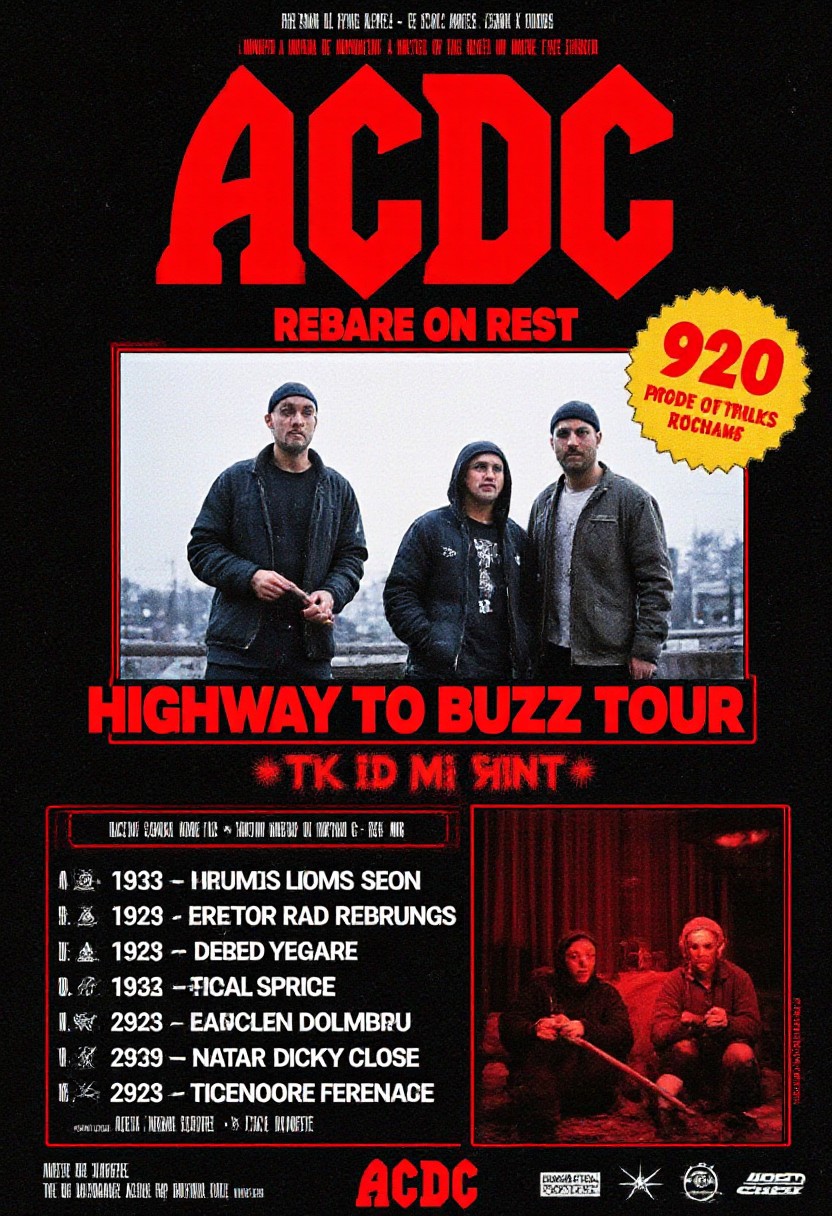 Realistic This image is a photo poster of Acdc music tour with the title "Highway to Buzz Tour", in the style of Acdc .