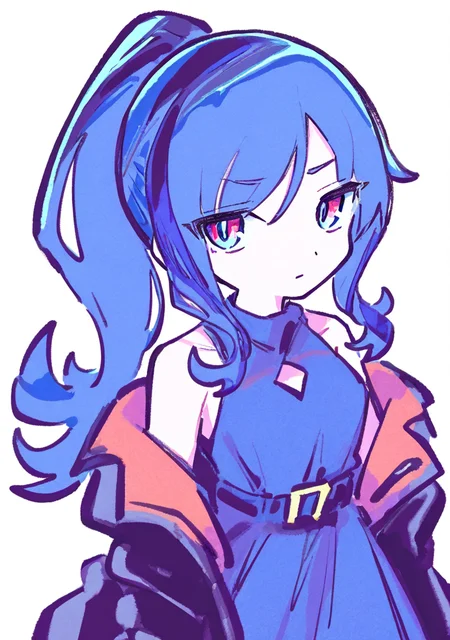 masterpiece, best quality, very aesthetic BREAK 1girl, solo, eyes visible through hair, blue hair, long hair, jacket, ponytail, closed mouth, bare shoulders, off shoulder, looking at viewer, multicolored hair, bangs, sleeveless dress, white background
<lora:noob05-kiato-unet only-feb18-step00002464:1>