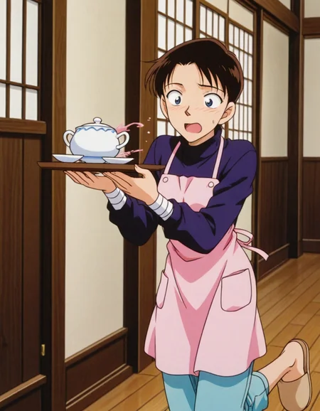 1girl,solo,masterpiece, best quality, anime screenshot,1990s \(style\),<lora:yasumoto_hikaru_conan_v1_IL:0.6>,yasumoto hikaru,(meitantei conan:0.7),black hair,brown hair,very short hair,forehead,arched bangs,long sleeves,light pink apron,dark purple turtleneck,aqua capri pants, <lora:dmd2_sdxl_4step:1>,indoors,open mouth, surprised,tripping,east asian architecture,wide-eyed,rown slippers,flustered,hands up, standing on one leg,foot out of frame,constricted pupils,spilling,shy, holding tray,mob cup, two-handed,sweatdrop, wooden floor,bandaged arm,