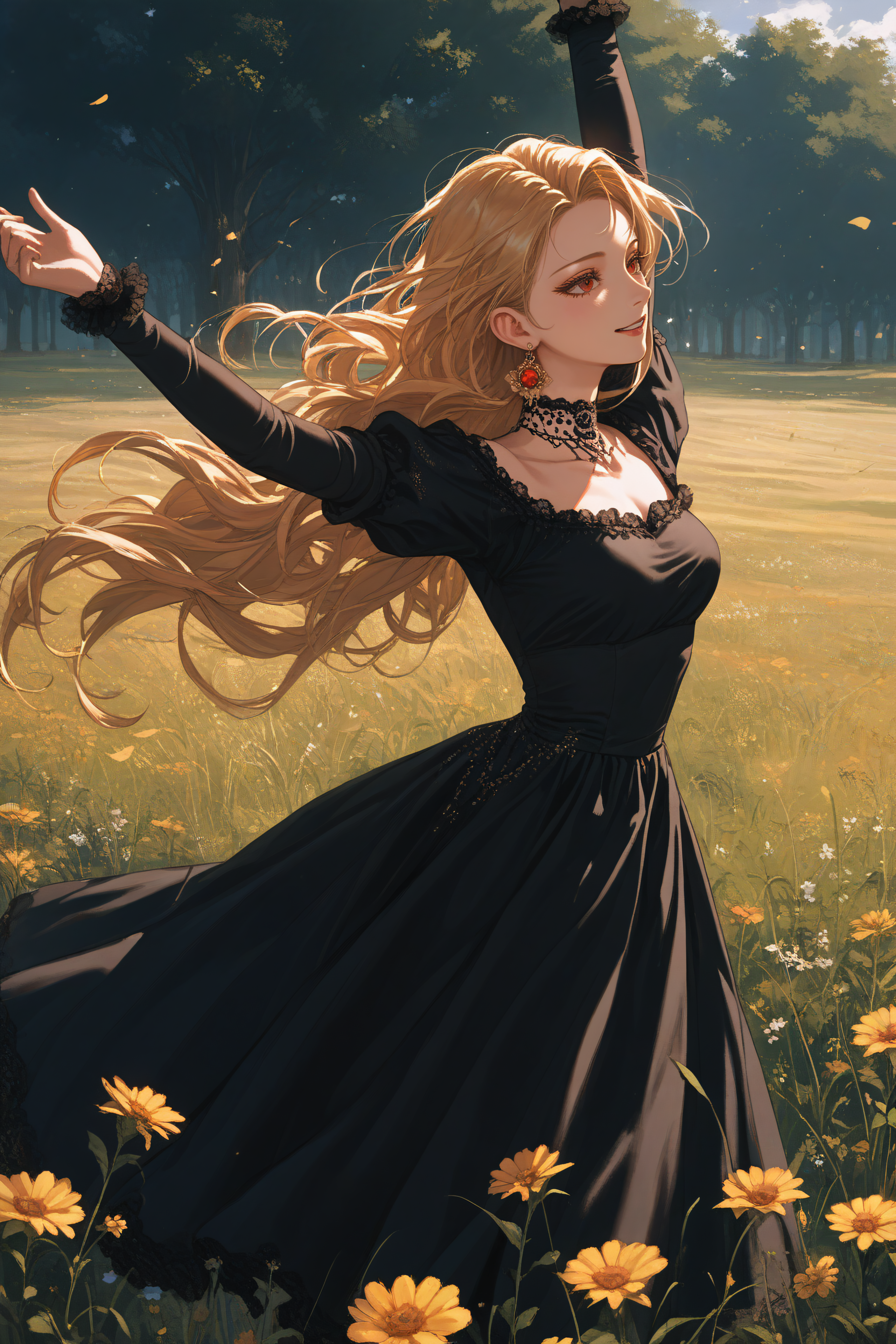 score_9, score_8_up, score_7_up, score_6_up, source_anime, <lora:Roxana Agrece v2-PonyXL-lora-Faxtron:1> roxana agree, red eyes, blonde hair, long hair, dress, dancing amidst a field of wildflowers, she celebrates the beauty of nature with unrestrained joy