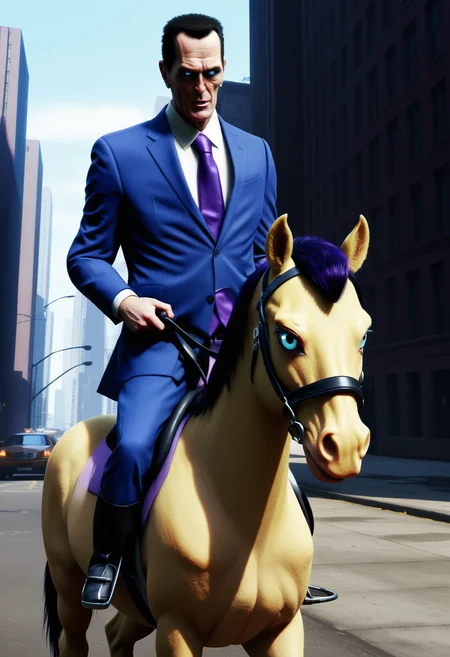 Gman, thin middle-aged, suit, dark purple tie, pale skin, black hair, blue eyes, expressionless, riding a my little pony, city 17,
combinestyle