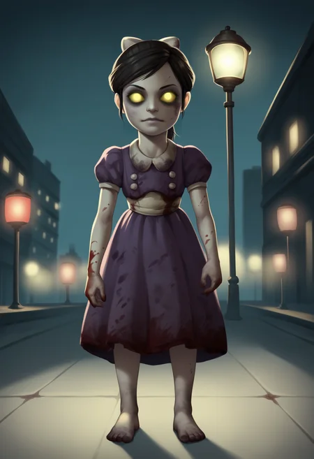 score_9, score_8_up, score_7_up, BREAK,
1girl, lilsis, dirty, blood, muddy dress, black hair, dress, barefoot, horror \(theme\), solo, yellow eyes, dark, yellow sclera, glowing eyes, solo, dark, city background, night sky, city light <lora:LittleSisterXL_byKonan:1>