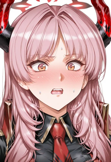 masterpiece, best quality, absurdres, highres, detailed background, <lora:hyperSD8:1>, (uru5h1h4r4), face focus,
satsuki \(blue archive\), 1girl, long hair, horns, halo, pink hair, (orange eyes, detailed eyes), embarrassed, blush, blushing, full-face blush, embarrassed, surprised,