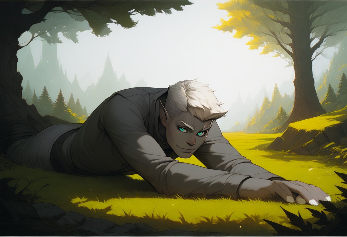 (score_9, score_8_up:1.1), score_7_up, score_9, score_8_up, score_8, score_7_up, dynamic angle, ((full body)), relaxing, leaning on riverbank, 1boy, solo, sexy, athletic, vox machina style, solo, warlock, fantasy, forest background, (dynamic lighting:1.1) ((masterpiece)), detailed eyes, (((detailed iris))), pupils, perfecteyes, perfect eyes, best quality, ((masterpiece)), sharp cheekbones, gaunt face, defined cheekbones, 28 years old, (adult, mature), hard face, slight smile, ((thin lips)), (half_elf:0.5), dark elf, (((grey skin))), white hair, (((short hair))), professional, (legion haircut), (short cut sides), (short bangs), (((white eyebrows))), light eyebrows, ((((pale grey ((((short)))) tipped ears)))), pointed_ears:0.5, ((short pointed ears)), eyebrow scar on left side of face, cheek scar, ((detailed turquoise eyes))