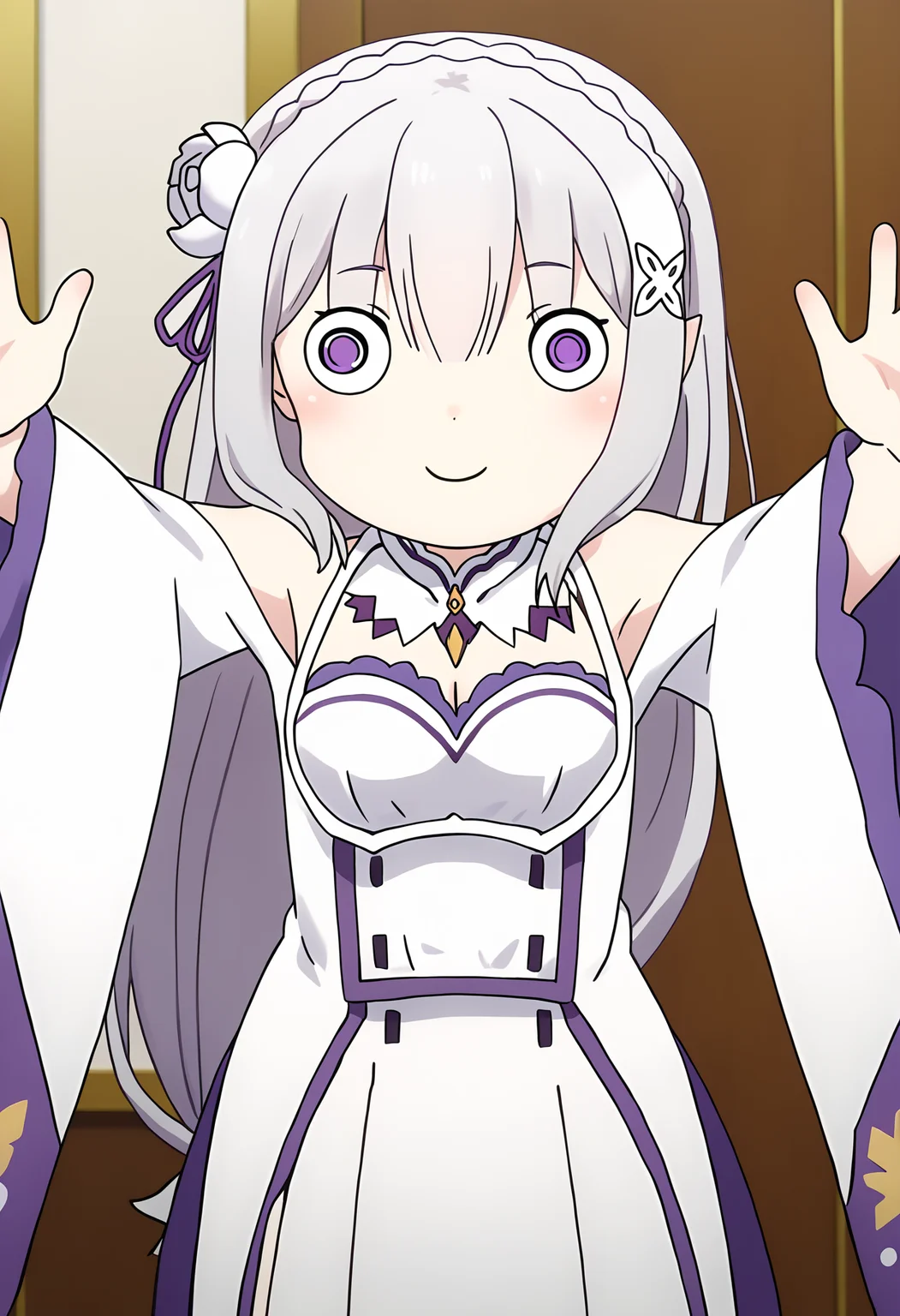 score_9, score_8_up, score_7_up, source_anime,
BREAK
<lora:shiTeriV1:1>, shiteri, looking at viewer, smile, closed mouth, chibi, wide-eyed, solid circle eyes,
outstretched arms, meme,
hair between eyes,
1girl, solo,
<lora:shiEmiliaV2:1> shimilia, long hair, grey hair,
purple eyes,
pointy ears, crown braid, hair flower, hair ribbon, purple ribbon, x hair ornament, white dress, cleavage, bare shoulders, wide sleeves,