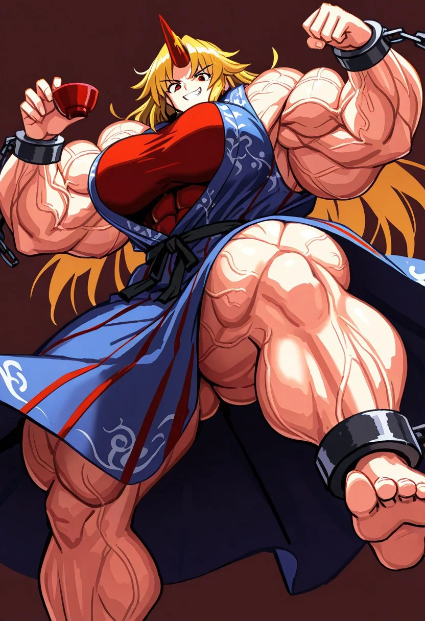 (masterpiece, painting, best quality, score_9, score_8_up, score_8:1.2), 
solo, 1girl, mature_female, milf, mature,
small_head, broad_shoulders, muscular female, large muscles, large breasts, muscle gut, bulky, thick thighs, venus_body, tall, huge body, veins, toned butt,
abs,
yuugi hoshiguma \(touhou\), light blue kimono, red kimono, shackles, large red sake cup , large bracelets, large anclets,
simple background, fighting stance, (from below:0.5), looking at viewer, smile, angry, feet,