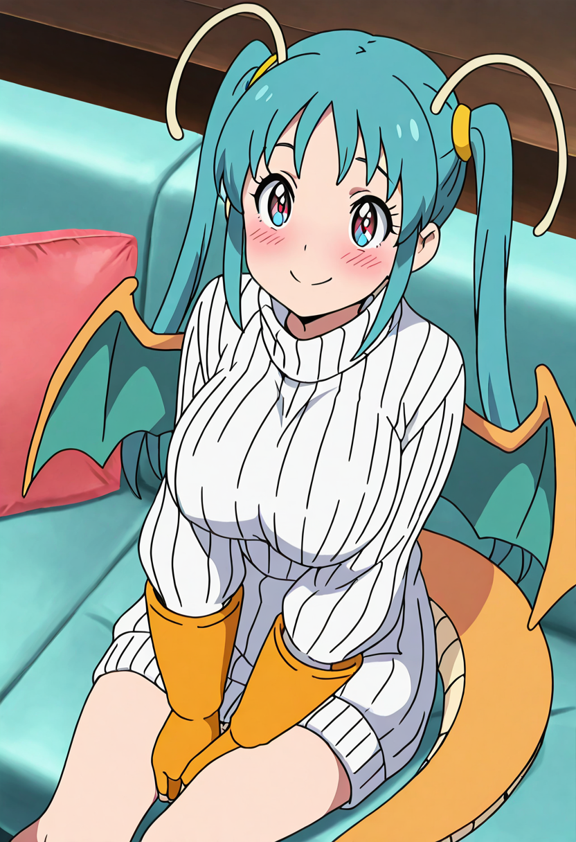 masterpiece, best quality, 1girl, solo, eyelashes, (beautiful eyes), anime screencap, large breasts,   zzDragonite, 1girl, solo, aqua hair, twintails, dragon girl, orange scales, dragon wings, dragon tail, orange gauntlets, white sweater, ribbed sweater, oversized sweater, sitting, couch, happy, blush,  ,<lora:DragonitePokedex_IXL_v1:1.0>,