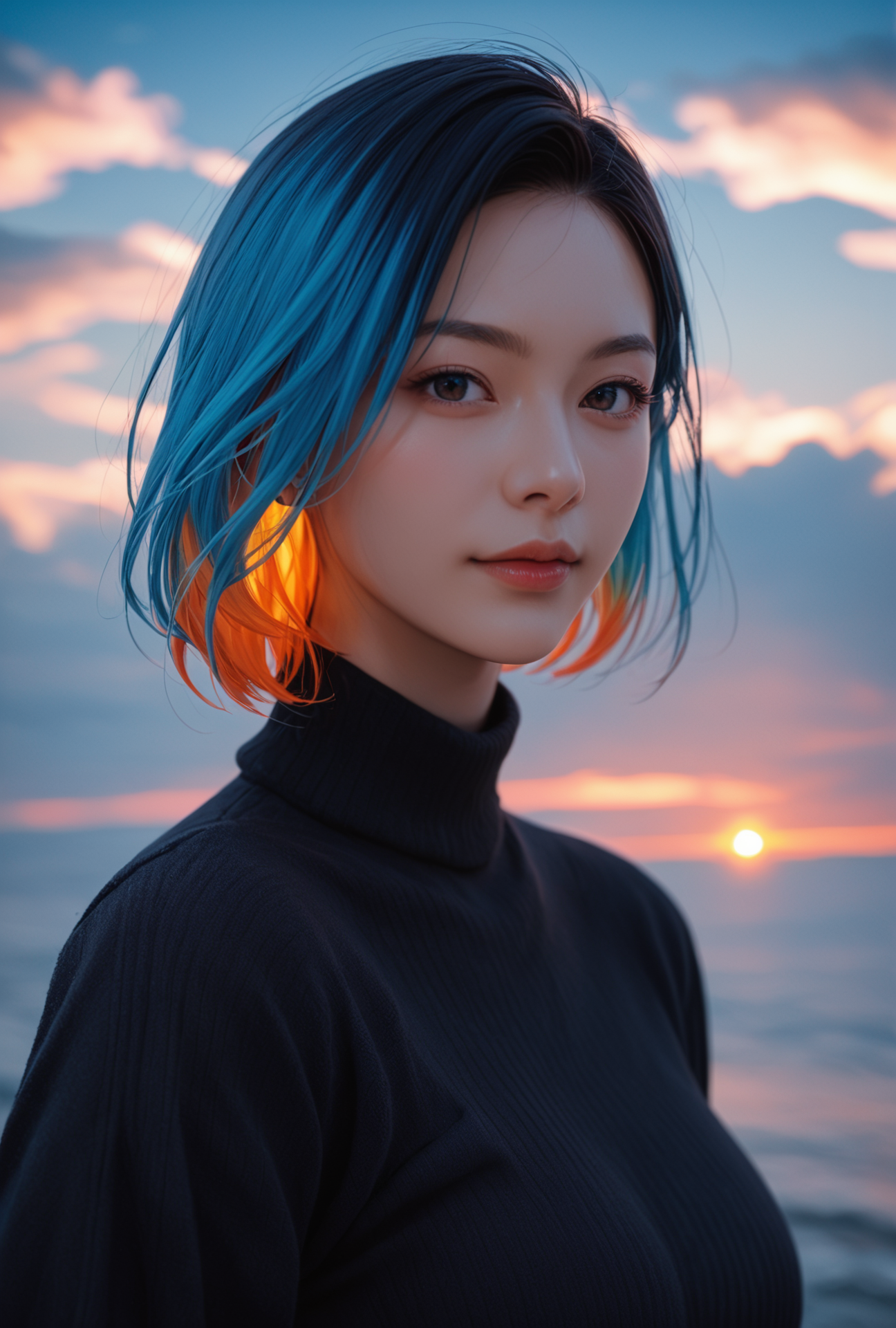 score_9, score_8_up, score_7_up,   film grain, photo by fuji-proplus-ii film,  raw picture of 20 years old woman in black sweater,  portrait, deep blue sky, cloudy sky, outdoor, high key light, soft shadow, Fiery clouds, colored hair,