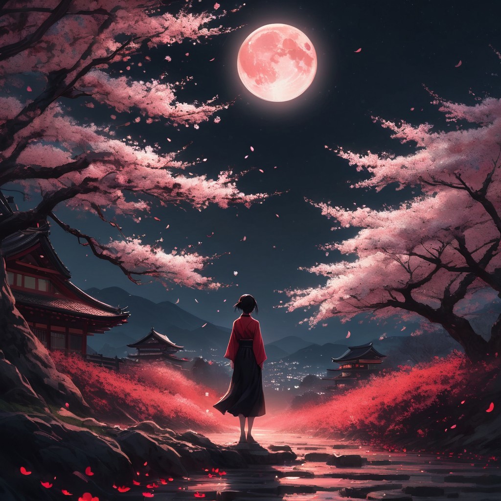 A serene night in the Japanese countryside, (person looking up) at a bright full moon, (moonlight illuminating) the figure and the surrounding cherry blossom trees in full bloom, (petals gently falling) create a tranquil atmosphere, (red and black aesthetic), ultra-detailed, cinematic lighting, enchanting ambiance, softly glowing moonlit sky, delicate petals dancing in the breeze, peaceful and reflective mood.