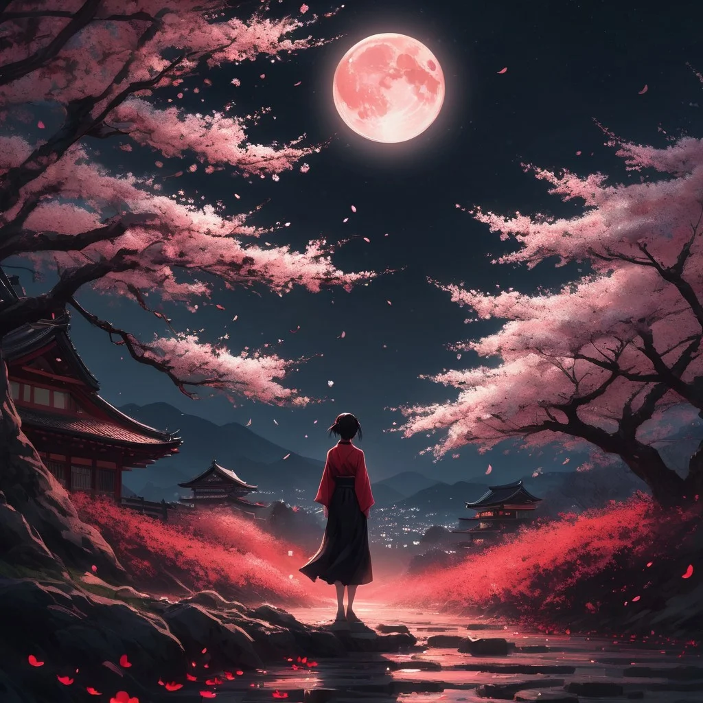 A serene night in the Japanese countryside, (person looking up) at a bright full moon, (moonlight illuminating) the figure and the surrounding cherry blossom trees in full bloom, (petals gently falling) create a tranquil atmosphere, (red and black aesthetic), ultra-detailed, cinematic lighting, enchanting ambiance, softly glowing moonlit sky, delicate petals dancing in the breeze, peaceful and reflective mood.