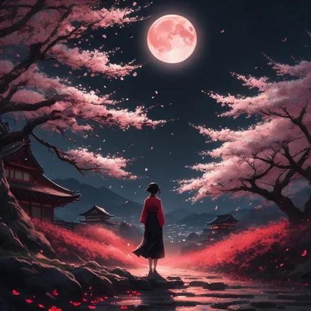 A serene night in the Japanese countryside, (person looking up) at a bright full moon, (moonlight illuminating) the figure and the surrounding cherry blossom trees in full bloom, (petals gently falling) create a tranquil atmosphere, (red and black aesthetic), ultra-detailed, cinematic lighting, enchanting ambiance, softly glowing moonlit sky, delicate petals dancing in the breeze, peaceful and reflective mood.
