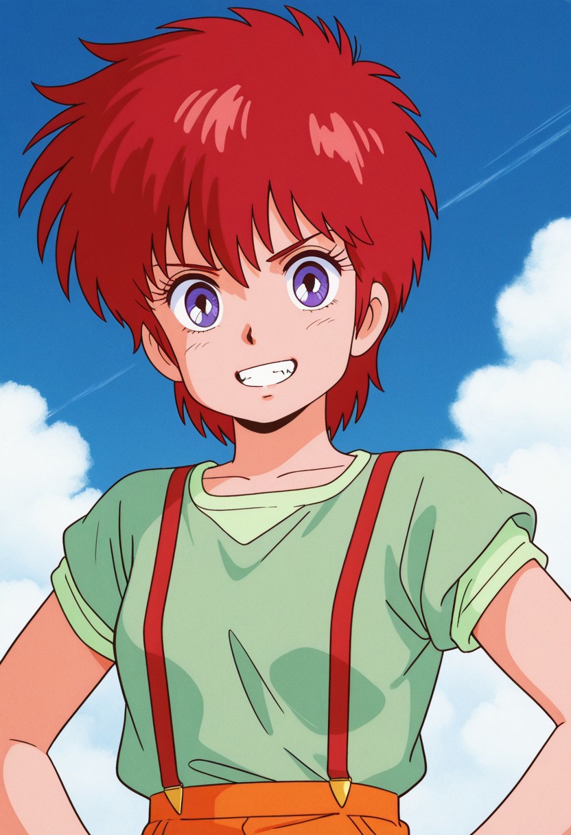masterpiece, best quality, source_anime,official art,perfect_anatomy,1980s_\(style\),retro_artstyle,sharron publin,1girl,purple eyes,red hair,short hair,spiked 
 hair,suspenders,green shirt,short sleeves,looking_at_viewer,grin,upper body,day,blue_sky,cloud,