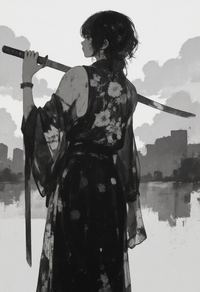 A black-and-white digital painting of a female warrior in a dramatic pose. The image depicts the character from a back three-quarter view, holding a katana over her right shoulder with confidence. She wears a traditional black kimono adorned with intricate floral patterns, contrasting the soft grayscale tones. The kimono exposes her upper back, highlighting her strong yet elegant physique. Her hair is styled in a loosely tied bun with a few strands framing her face, conveying a sense of natural beauty and determination. The background is abstract and minimal, with soft, cloudy textures that add a sense of depth and focus to the central figure. The lighting comes from the top right, casting gentle shadows that emphasize the details of her clothing and the polished blade. The overall atmosphere is serene yet powerful, with a blend of traditional Japanese aesthetics and a modern artistic approach.
 in the style of cksc,