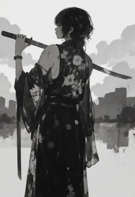 A black-and-white digital painting of a female warrior in a dramatic pose. The image depicts the character from a back three-quarter view, holding a katana over her right shoulder with confidence. She wears a traditional black kimono adorned with intricate floral patterns, contrasting the soft grayscale tones. The kimono exposes her upper back, highlighting her strong yet elegant physique. Her hair is styled in a loosely tied bun with a few strands framing her face, conveying a sense of natural beauty and determination. The background is abstract and minimal, with soft, cloudy textures that add a sense of depth and focus to the central figure. The lighting comes from the top right, casting gentle shadows that emphasize the details of her clothing and the polished blade. The overall atmosphere is serene yet powerful, with a blend of traditional Japanese aesthetics and a modern artistic approach.
in the style of cksc,