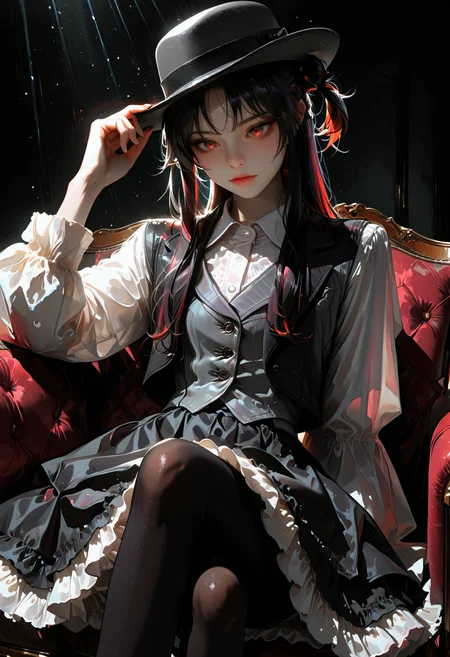 ai-default,yashajin ai,red eyes,black hair,long hair,sidelocks,one side up,black jacket,white collared shirt,short over long sleeves,grey vest,black skirt,frilled skirt,pantyhose,
masterpiece, best quality, (anime coloring), (minimalism:0.8),
elegant pose, tilted head, looking down, graceful pose, sitting on couch, hand on hat, crossed legs,
victorian furniture, dynamic angle, dark background, high contrast, spotlight effect, cinematic lighting
<lora:DetailedEyes_V3:1> <lora:USNR_STYLE_ILL_V1_lokr3:0.45> usnr <lora:ponyv6_noobV1_2_adamW:0.9> <lora:GENESIS_MK0.2:0.5> <lora:KoreanStyleSDXLvpred10:1> AiKoreanStyle, lips, korean, asian <lora:KRGRL-IL:1>