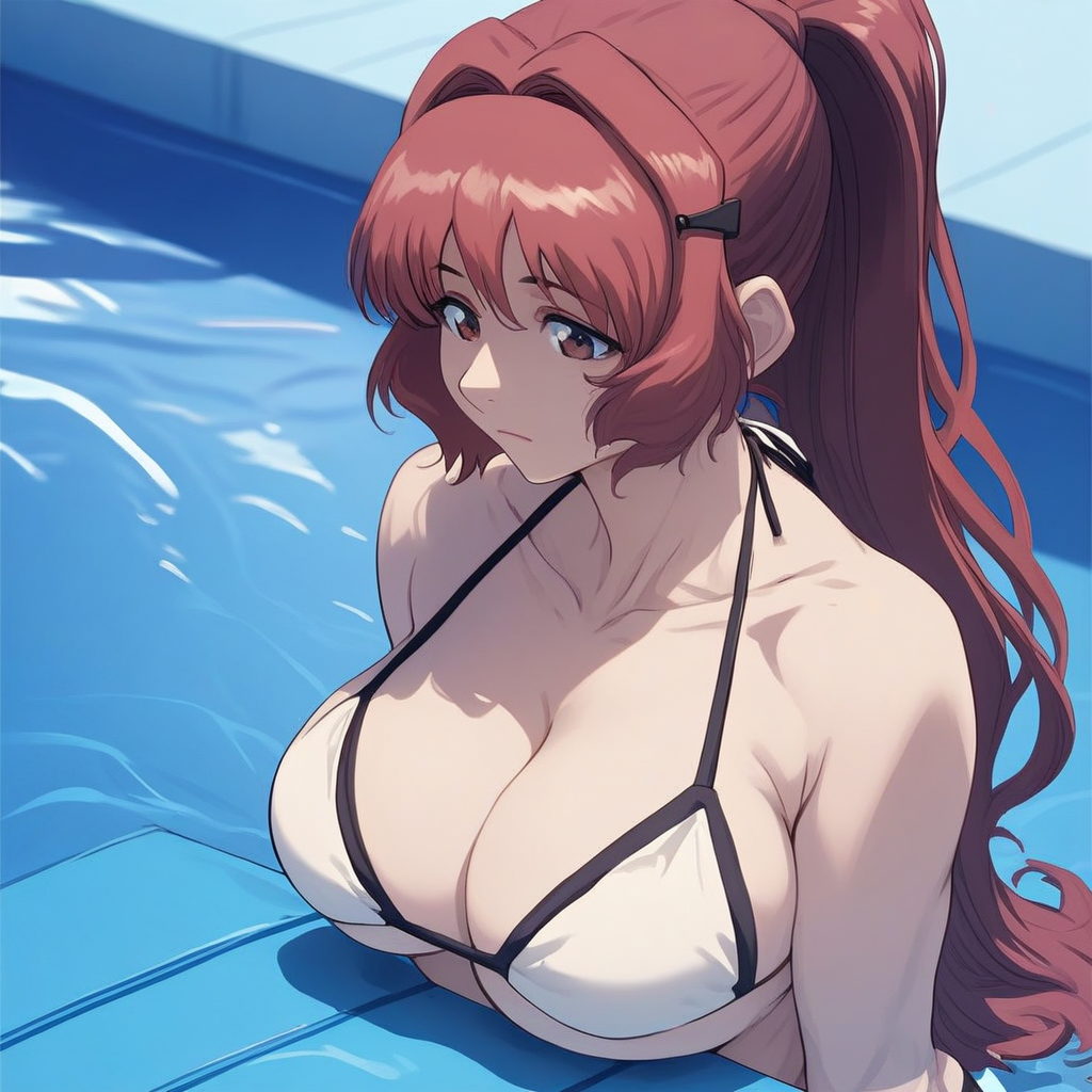 source_anime, ((score_9)),score_8_up,score_7_up,score_6_up,score_5_up,score_4_up, takama_kozue, t4k4m4k0zu3, 1woman, large breasts, brown_eyes, long hair, red hair, hair intakes, bang, sidelocks, ponytail, hairclip, white bikini, pool, masterpiece, best quality