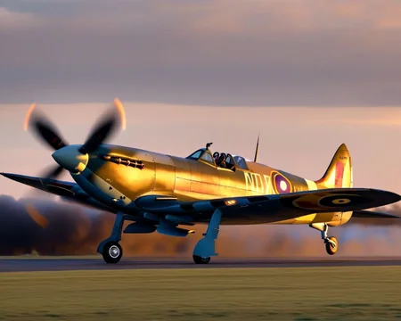 Supermarine_Spitfire, fighter jet, takeoff, cinematic color grade, sunset silhouette, smoke trail, masterpiece, best quality, amazing quality <lora:Mini list aircraft sdxl V1:1>