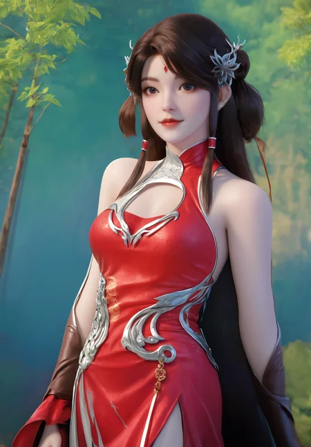 looking_at_viewer,cowboy_shot,hands behind your back,1girl,solo,dress,(face light:1.5),hair ornament,portiart,from front,masterpiece,(best quality),official art,extremely detailed cg 8k wallpaper,((crystalstexture skin)),(extremely delicate and beautiful),solo,realistic,photo_\(medium\),hiqcgbody,chinese background,(smile:0.4),red cheongsam,eye-contact,jewelry,long hair,<lora:huolinger_V3-000006:1>,