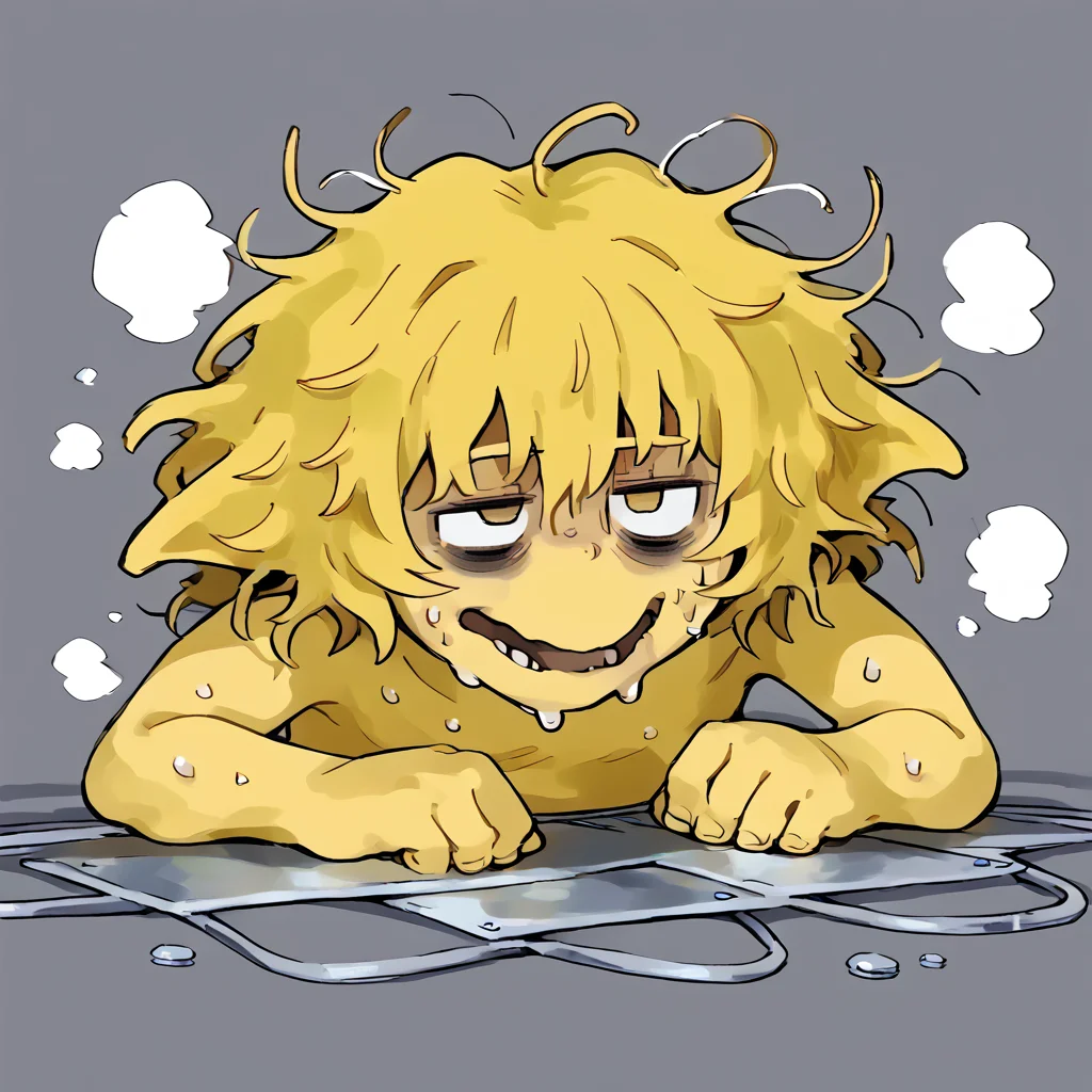 <lora:freddiefreaker:1> monster, yellow body,  <lora:Disheveled:0.8> d1sheveled, d1sheveled, bags under eyes, messy hair, exhausted, sweat