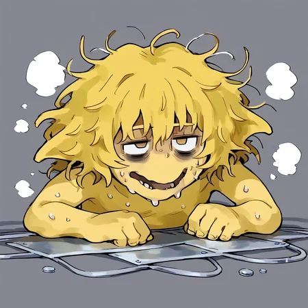 <lora:freddiefreaker:1> monster, yellow body, <lora:Disheveled:0.8> d1sheveled, d1sheveled, bags under eyes, messy hair, exhausted, sweat