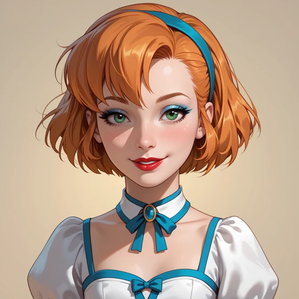 1girl, solo, portrait, centered on the face, looking at the viewer, cecilia, (adult body:1.2), perfect eyes, petite body, small round breasts, orange hair, short hair, green eyes, makeup, eyeliner, eyeshadow, lipstick, shy smile, dress, hairband