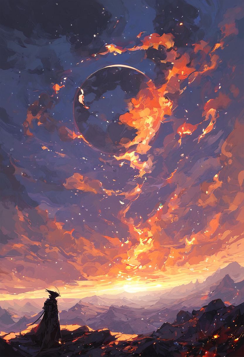 score_9, score_8_up, score_7_up, solar eclipse, dark sky background, burning planet, solar flares, magma fall from solar eclipse, dark fantasy, goth, holy, landscape, visual setting.