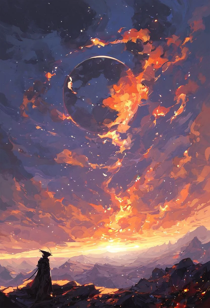 score_9, score_8_up, score_7_up, solar eclipse, dark sky background, burning planet, solar flares, magma fall from solar eclipse, dark fantasy, goth, holy, landscape, visual setting.