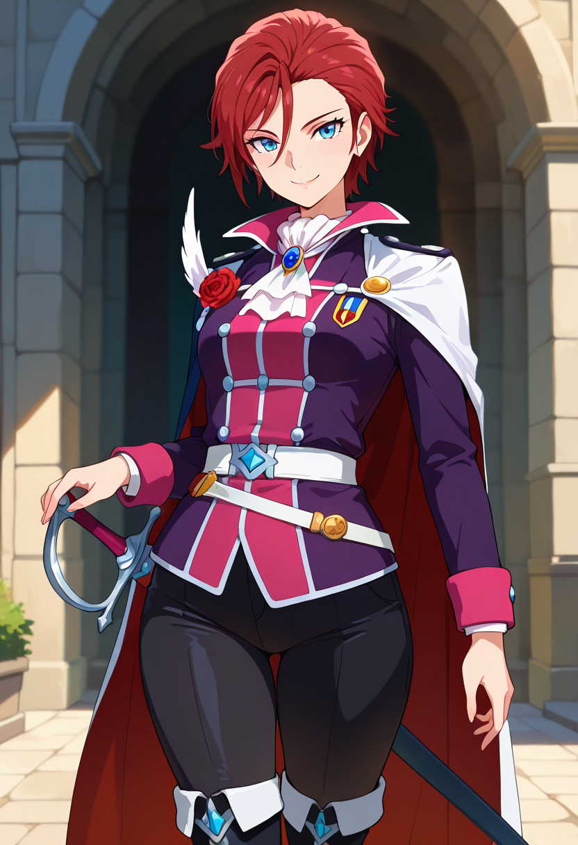 masterpiece, best quality, amazing quality, very aesthetic, absurdres, newest, illustration, perfect composition, intricate details, highres, uncensored, general, 1girl, solo, (cowboy shot:1.2), prax conrad, mature female, blue eyes, red hair, short hair, asymmetrical bangs, hair between eyes, small breasts, uniform, genderswap, cape, ascot, black pants, knee boots, brooch, red rose, sword, sheath, sheathed, looking at viewer, smile, outdoors, shiny body, shiny skin, skindentation, clear skin, shiny hair, ultra detailed eyes, depth of field, sharp, intricate details, hyperdetailed, ultra-detailed, detailed clothing folds, high contrast, dynamic light <lora:Prax Conrad_Back Arrow_ill:0.8>
