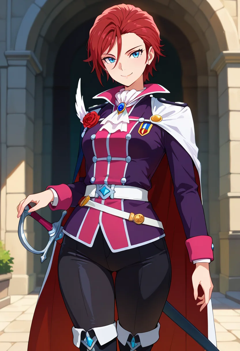 masterpiece, best quality, amazing quality, very aesthetic, absurdres, newest, illustration, perfect composition, intricate details, highres, uncensored, general, 1girl, solo, (cowboy shot:1.2), prax conrad, mature female, blue eyes, red hair, short hair, asymmetrical bangs, hair between eyes, small breasts, uniform, genderswap, cape, ascot, black pants, knee boots, brooch, red rose, sword, sheath, sheathed, looking at viewer, smile, outdoors, shiny body, shiny skin, skindentation, clear skin, shiny hair, ultra detailed eyes, depth of field, sharp, intricate details, hyperdetailed, ultra-detailed, detailed clothing folds, high contrast, dynamic light <lora:Prax Conrad_Back Arrow_ill:0.8>