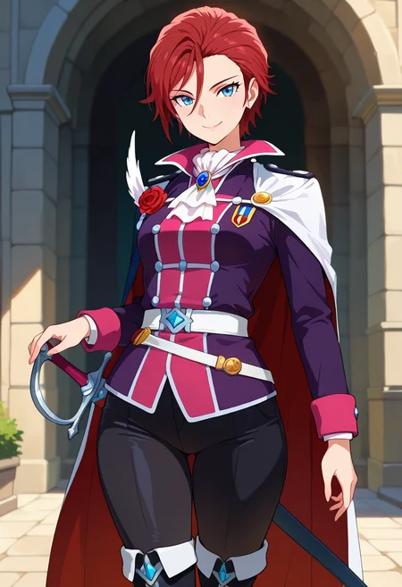 masterpiece, best quality, amazing quality, very aesthetic, absurdres, newest, illustration, perfect composition, intricate details, highres, uncensored, general, 1girl, solo, (cowboy shot:1.2), prax conrad, mature female, blue eyes, red hair, short hair, asymmetrical bangs, hair between eyes, small breasts, uniform, genderswap, cape, ascot, black pants, knee boots, brooch, red rose, sword, sheath, sheathed, looking at viewer, smile, outdoors, shiny body, shiny skin, skindentation, clear skin, shiny hair, ultra detailed eyes, depth of field, sharp, intricate details, hyperdetailed, ultra-detailed, detailed clothing folds, high contrast, dynamic light <lora:Prax Conrad_Back Arrow_ill:0.8>