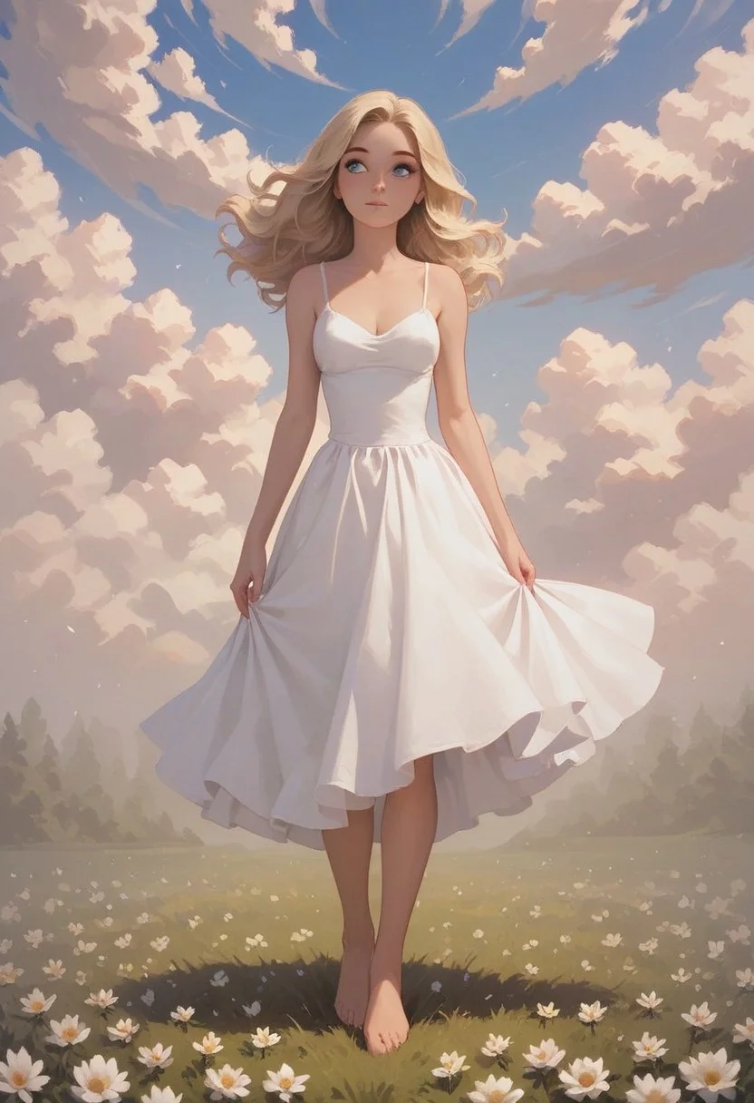 score_9,score_8_up,score_7_up,score_6_up, masterpiece, realistic, highly detailed, 1girl, perfect blue eyes, long wavy blonde hair, hair blowing in the wind, serene expression, looking to the side, eyelashes, standing in a meadow, holding a flower, elegant blue and white sundress, perky breasts, warm light, bare feet, full body perspective, (cute intriguing face, slender natural body:1.1)