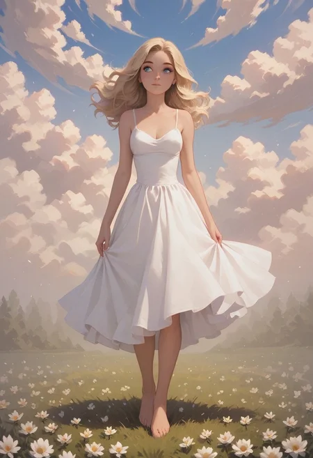 score_9,score_8_up,score_7_up,score_6_up, masterpiece, realistic, highly detailed, 1girl, perfect blue eyes, long wavy blonde hair, hair blowing in the wind, serene expression, looking to the side, eyelashes, standing in a meadow, holding a flower, elegant blue and white sundress, perky breasts, warm light, bare feet, full body perspective, (cute intriguing face, slender natural body:1.1)
