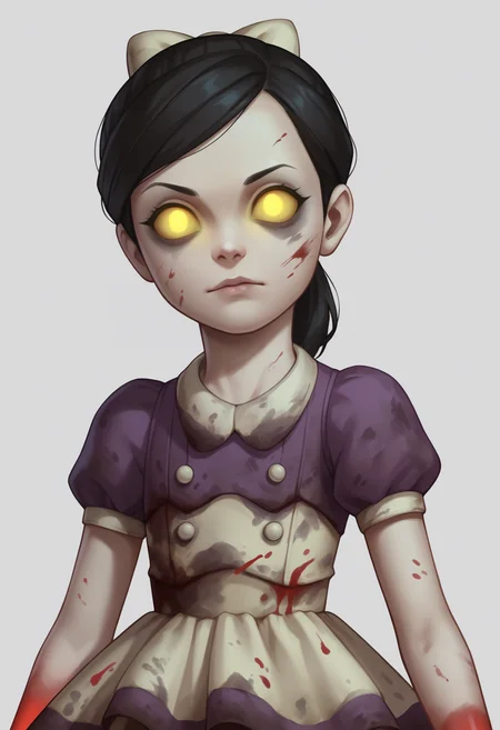 score_9, score_8_up, score_7_up, BREAK,
1girl, lilsis, black hair, yellow eyes, yellow sclera, glowing eyes,
bow,
dirty, blood, muddy dress, dress,
upper body, looking at viewer, solo, simple background, white background <lora:LittleSisterXL_byKonan:1>