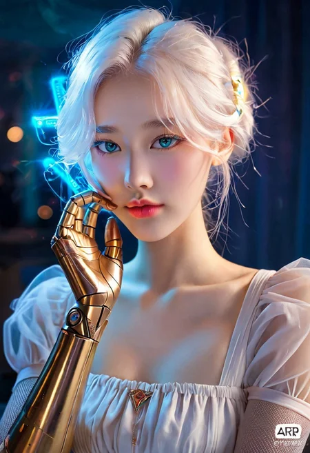 score_9,score_8_up,score_7_up, A portrait of a slender woman with gold cybernetic arms resting gracefully on her lap. Her flowing white hair glows faintly, blending seamlessly with her minimalist, futuristic white dress. The intricate designs on her metallic arms shimmer in soft gold hues, matching the glowing circuitry on her collarbone. The background is a luminous white with faint golden holographic accents, creating an angelic, serene ambiance. Her expression is calm and regal, embodying elegance and futuristic sophistication, krgrl, korean girl, cute korean girl, korean makeup, korean eyes
