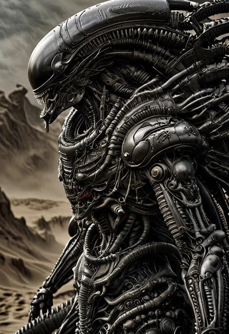 stunning, magnificent, HD, photorealistic, 1samurai xenomorph, dramatic lighting, solo, standing alone in a desert, intricate details, intricate armor, intense gaze, mythical, legendary, powerful, ((dark, evening)), cinematic, close-up, art by hr giger,
armor, science fiction, no humans,
vintage painting,painting,realism,Americana art,artistic style