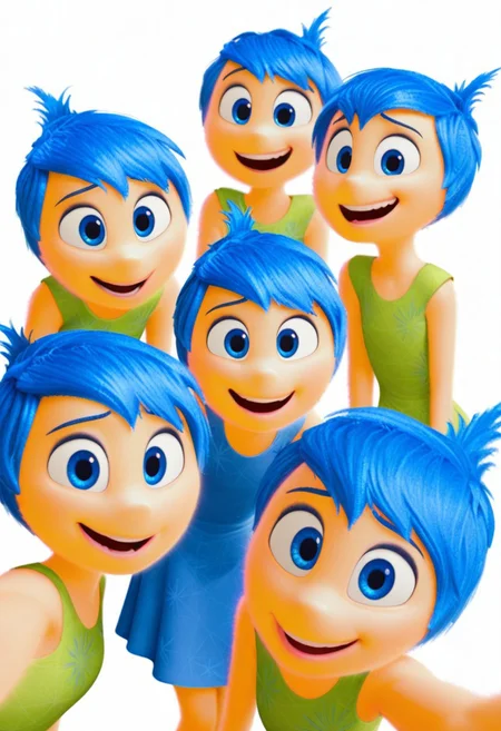 joyemotion, blue hair, multiple girls, looking at viewer, pov, triplets,, laugh, blank background, selfie, multiple poses