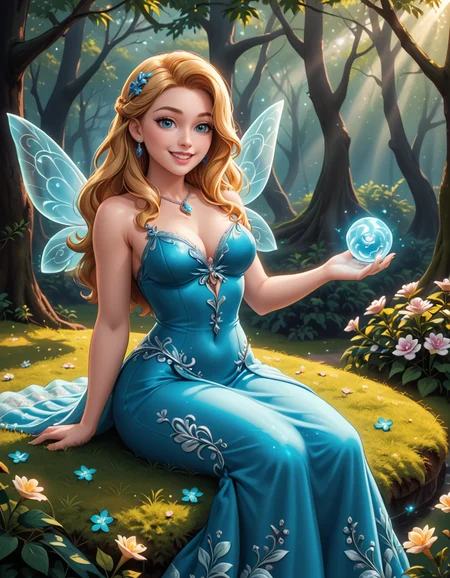 A graceful fairy woman sitting elegantly in front of an enchanted forest,3nch4nt3d f0r3st. She has delicate, shimmering translucent wings that catch the light, creating a soft iridescent glow. Her flowing dress is a pastel pink adorned with intricate floral patterns, appearing almost as if itâs made from petals. Her posture is relaxed yet regal, with one hand gently resting on her lap and the other lightly holding a small glowing orb. Her long, wavy hair cascades down her back in soft golden locks, with small flowers woven into it. Her expression is serene and slightly wistful, with a warm, gentle smile.
The enchanted forest behind her is mystical and vibrant, with towering ancient trees whose twisted branches are illuminated by bioluminescent plants. Soft golden and purple light filters through the dense foliage, giving the scene an otherworldly atmosphere. Tiny glowing fireflies float around her, adding to the magical ambiance. The ground is covered in lush moss and scattered with colorful, luminous mushrooms. The overall lighting is soft and dreamy, with a subtle pink and purple hue blending harmoniously with the fairyâs attire. This scene evokes a feeling of peace, wonder, and enchantment.<lora:SDXLFaeTastic2400:0.4> <lora:extremely_detailed:0.4> extremely detailed, <lora:3nch4nt3d_f0r3st:1>, Masterpiece,best quality,hi res,8k,hi res,8k,award winning,(sharp focus, intricate, highly detailed),