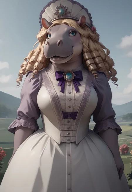 score_9, score_8, pin-up, source_furry, rating_safe, landscape, garden, hedge maze, tea party,
BREAK
sexy female hippopotamus, very tall, massive body, blonde hair, (ringlets:1.3), slanted eyes, turquoise eyes, sharp angular features, gorgeous, sensual, anthro hippopotamus, solo, arousing, curvy, busty, giant breasts++, ((enormous breasts)), (huge breasts:1.6), skindentation:1.6, big hips, playful, sexy, colored skin, purple skin, pale underbelly, muscular:1.2, beautiful, elaborate purple dress, georgian gown, bustle dress, victorian dress, corset, long skirt, lace, lace overlay, ruffles, ribbons, brooch, bustle, bodice, georgian gown, powdered wig, hold a parasol,
BREAK
Sensual, walking,