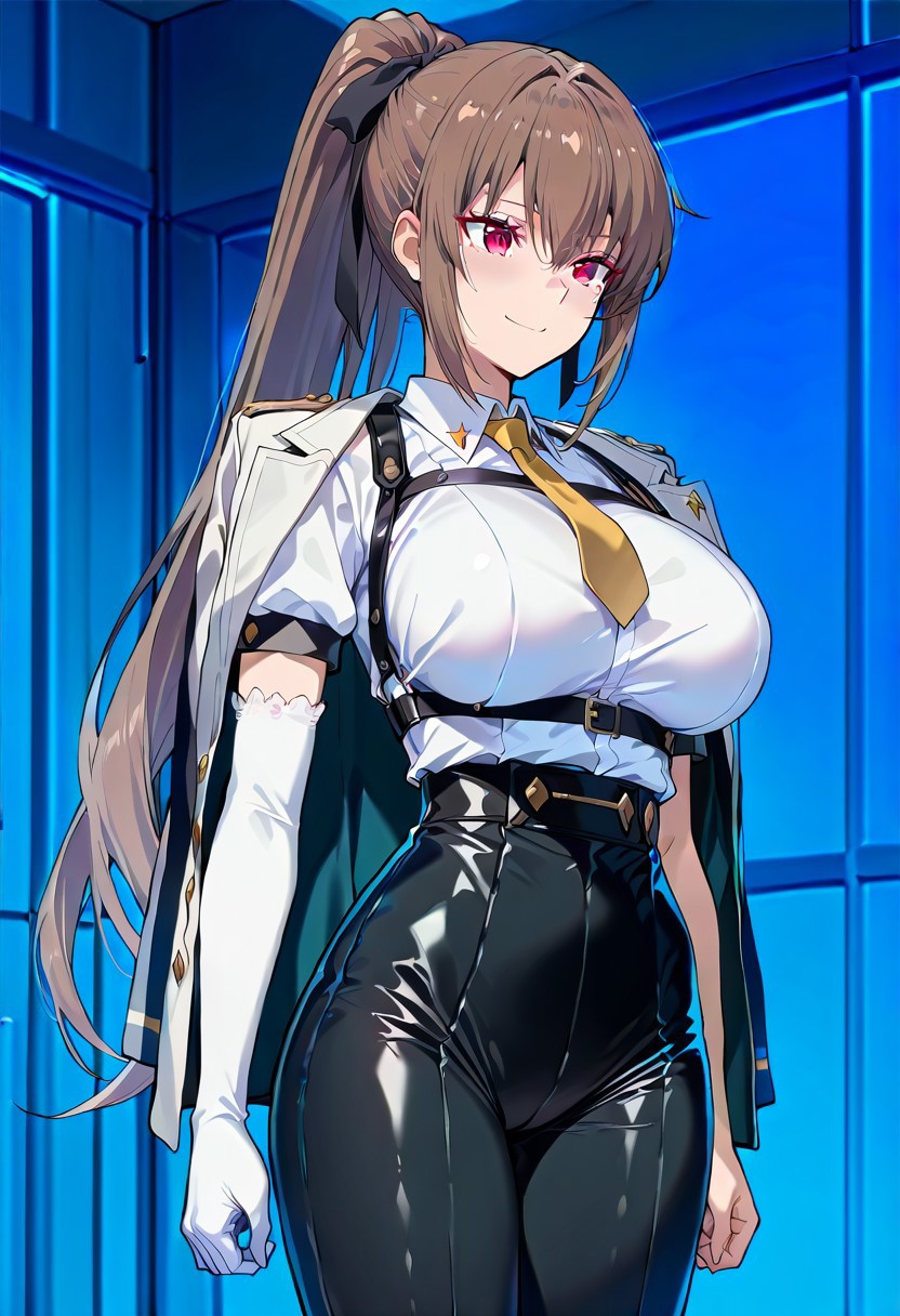 (absurdres, best quality, masterpiece:1.4), amazing quality, highres, newest, detailed, detailed body, detailed face, source anime, anime coloring, beautiful, 
BREAK
urakanna, 1girl, solo, brown hair, ponytail, long hair, red eyes, large breasts, standing, smile, Cosplay,
BREAK
Evelyn Chevalier \(cosplay\), high-waist pants, chest harness, tight clothes, single elbow gloves, yellow necktie, jacket on shoulder