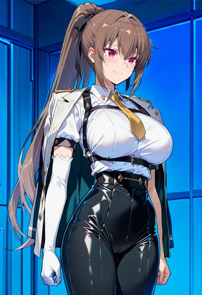 (absurdres, best quality, masterpiece:1.4), amazing quality, highres, newest, detailed, detailed body, detailed face, source anime, anime coloring, beautiful,
BREAK
urakanna, 1girl, solo, brown hair, ponytail, long hair, red eyes, large breasts, standing, smile, Cosplay,
BREAK
Evelyn Chevalier \(cosplay\), high-waist pants, chest harness, tight clothes, single elbow gloves, yellow necktie, jacket on shoulder