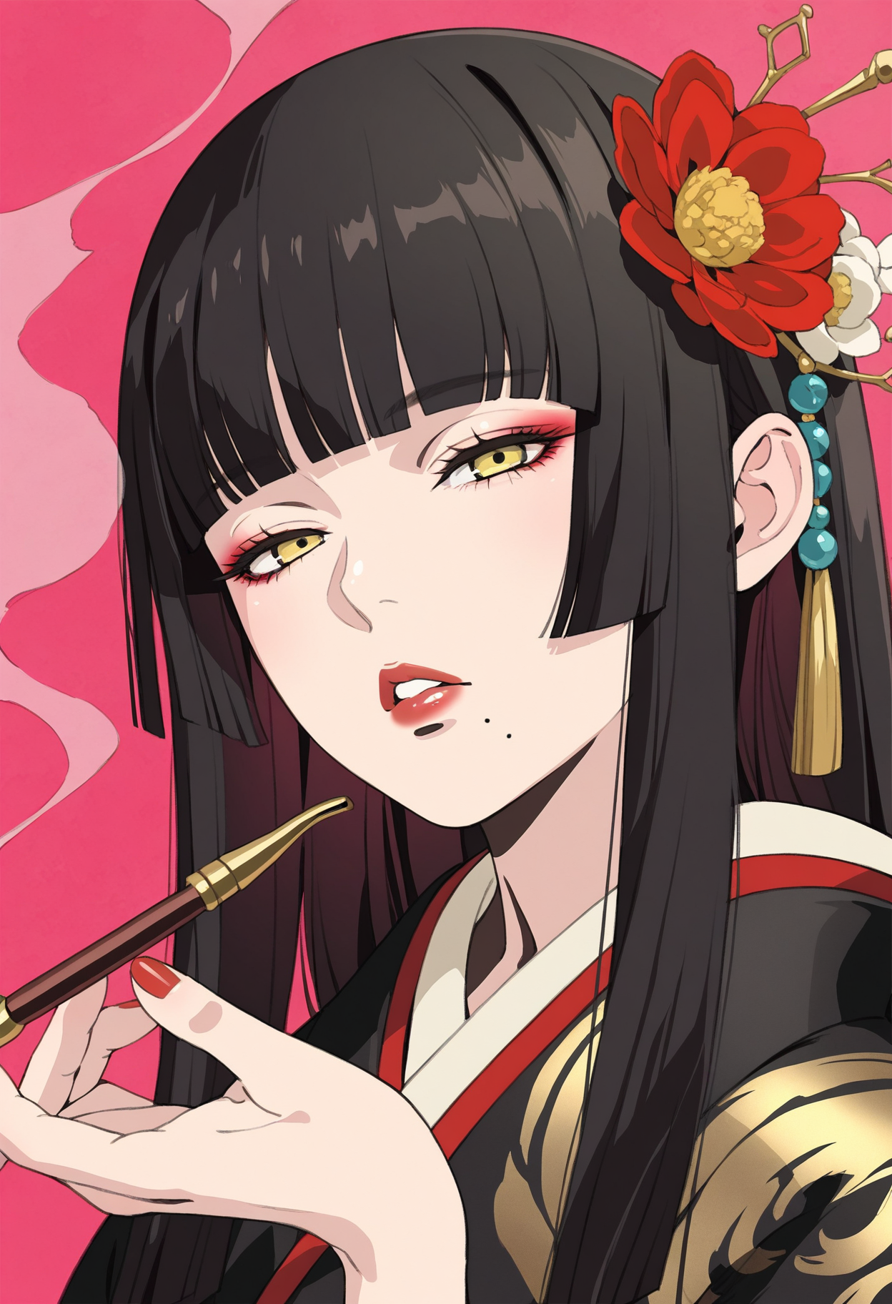 masterpiece,best quality,amazing quality,
1girl, smoking pipe, solo, hyur, black hair, mole, kiseru, long hair, mole under mouth, flower, hair flower, hair ornament, bangs, holding smoking pipe, blunt bangs, smoke, straight hair, holding, red background, looking at viewer, portrait, makeup, half-closed eyes, japanese clothes, yellow eyes, kimono, pink background, lips, blunt ends, sidelocks, red lips, hime cut, parted lips, lipstick, eyelashes, fingernails, nail polish,
 <lora:Saeki Tatsuya_epoch_9:1>