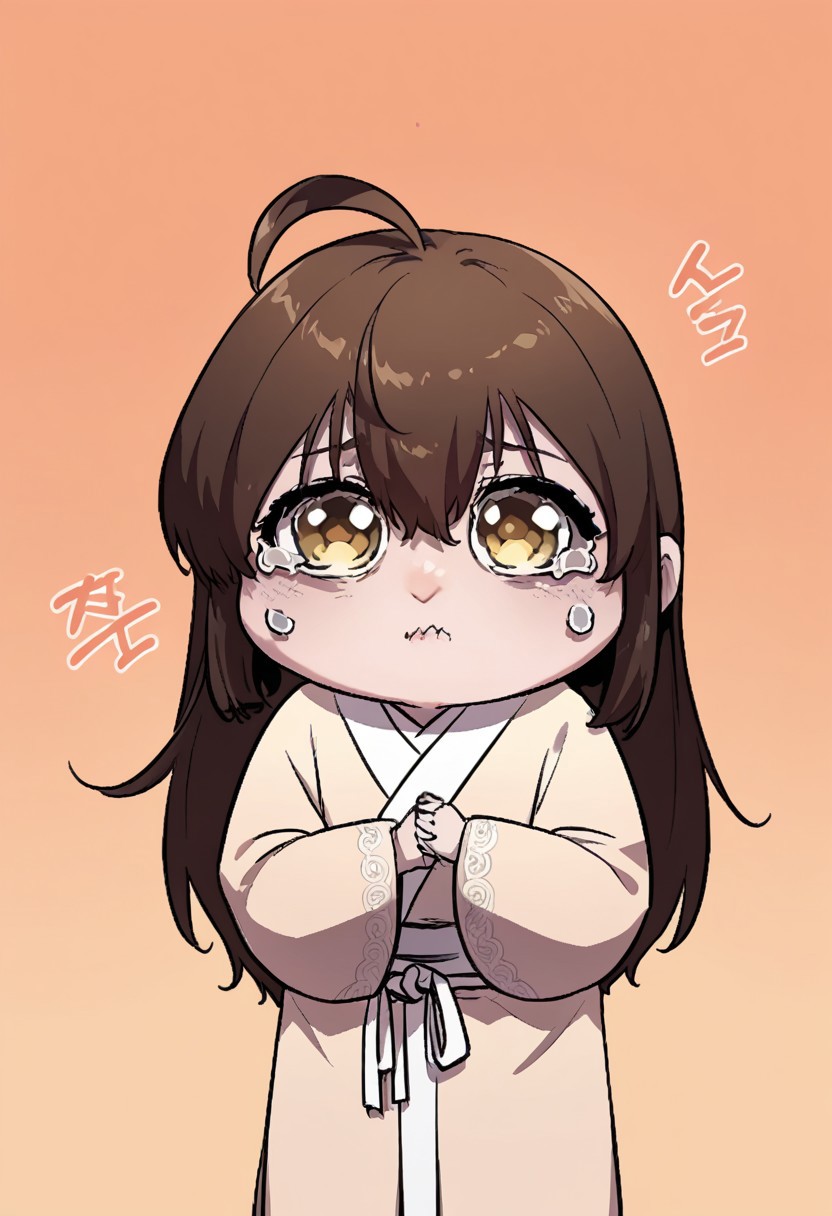 zPDXL3, score_9_up, score_8_up, score_7_up, (Anime_source), 1girl, WiSeol-Ah, brown hair, amber eyes, long hair, servant clothes, (chibi, sad, aqua tears, chibi sad mode)