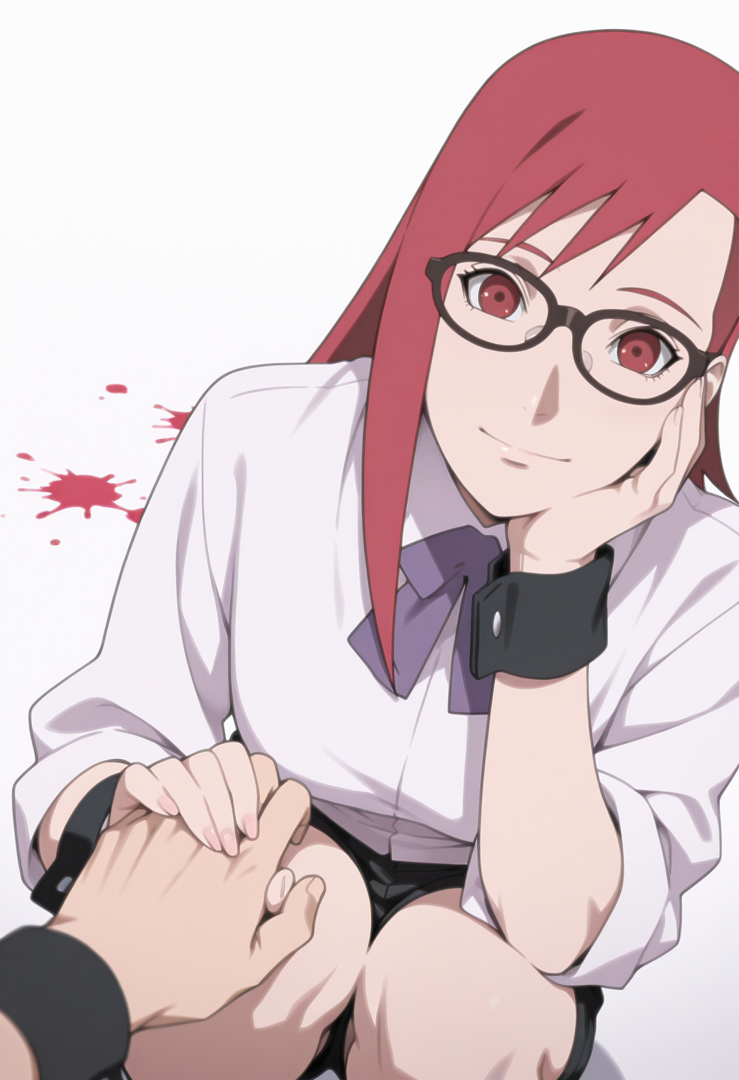 anime screencap, anime coloring, ,   <lora:DX888KarinB:1> uzumaki karin, red eyes, red hair,long hair, sidecut, glasses, white shirt, collared shirt,sleeves rolled up,purple ribbon,wrist cuffs, black shorts, BREAK simple background,  white background, splatter background, BREAK     1boy, 1girl,closed mouth, hand on own cheek, hand on own face, holding hands, looking at viewer, pov, pov hands,  smile, squatting,  from above,