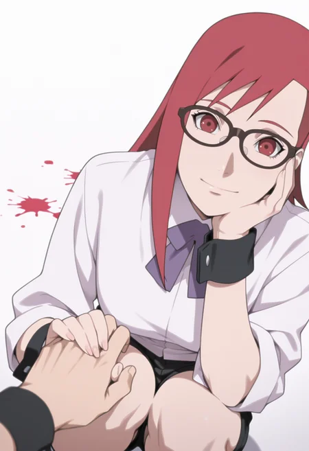 anime screencap, anime coloring, ,   <lora:DX888KarinB:1> uzumaki karin, red eyes, red hair,long hair, sidecut, glasses, white shirt, collared shirt,sleeves rolled up,purple ribbon,wrist cuffs, black shorts, BREAK simple background,  white background, splatter background, BREAK     1boy, 1girl,closed mouth, hand on own cheek, hand on own face, holding hands, looking at viewer, pov, pov hands,  smile, squatting,  from above,