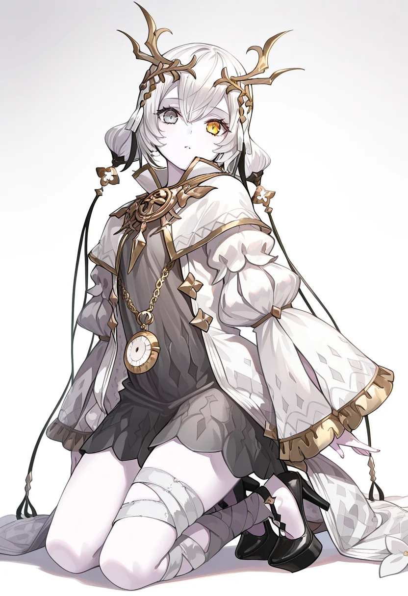 1girl, sole, masterpiece, best quality, high quality, kara ideasu(ryza), white hair, short hair, hair ornament, pale skin, heterochromia, yellow eyes, grey eyes, grey dress, white coat, pendant watch, bandages leg, high heels, looking at viewer, kneeling