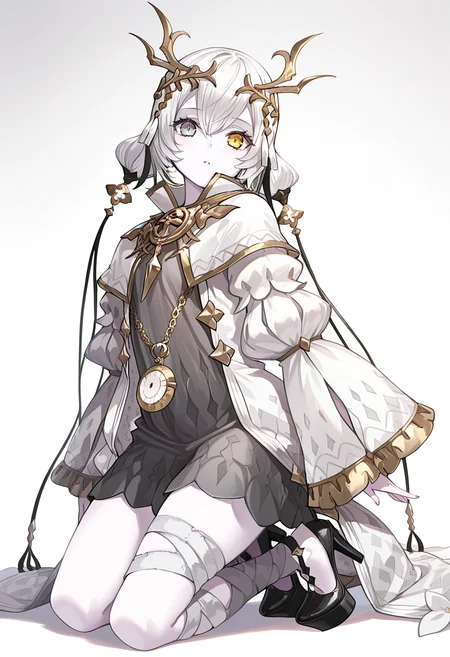 1girl, sole, masterpiece, best quality, high quality, kara ideasu(ryza), white hair, short hair, hair ornament, pale skin, heterochromia, yellow eyes, grey eyes, grey dress, white coat, pendant watch, bandages leg, high heels, looking at viewer, kneeling