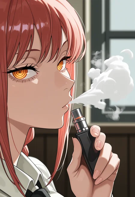 masterpiece, best quality, hires, absurdres, anime screenshot, 1girl, solo, makima \(chainsaw man\), chainsaw man, close-up, portrait, looking at viewer, <lora:Vape_Illustrious:0.8>, v4pe, holding vape, vapor, blowing vapor, depth of field, blurry background