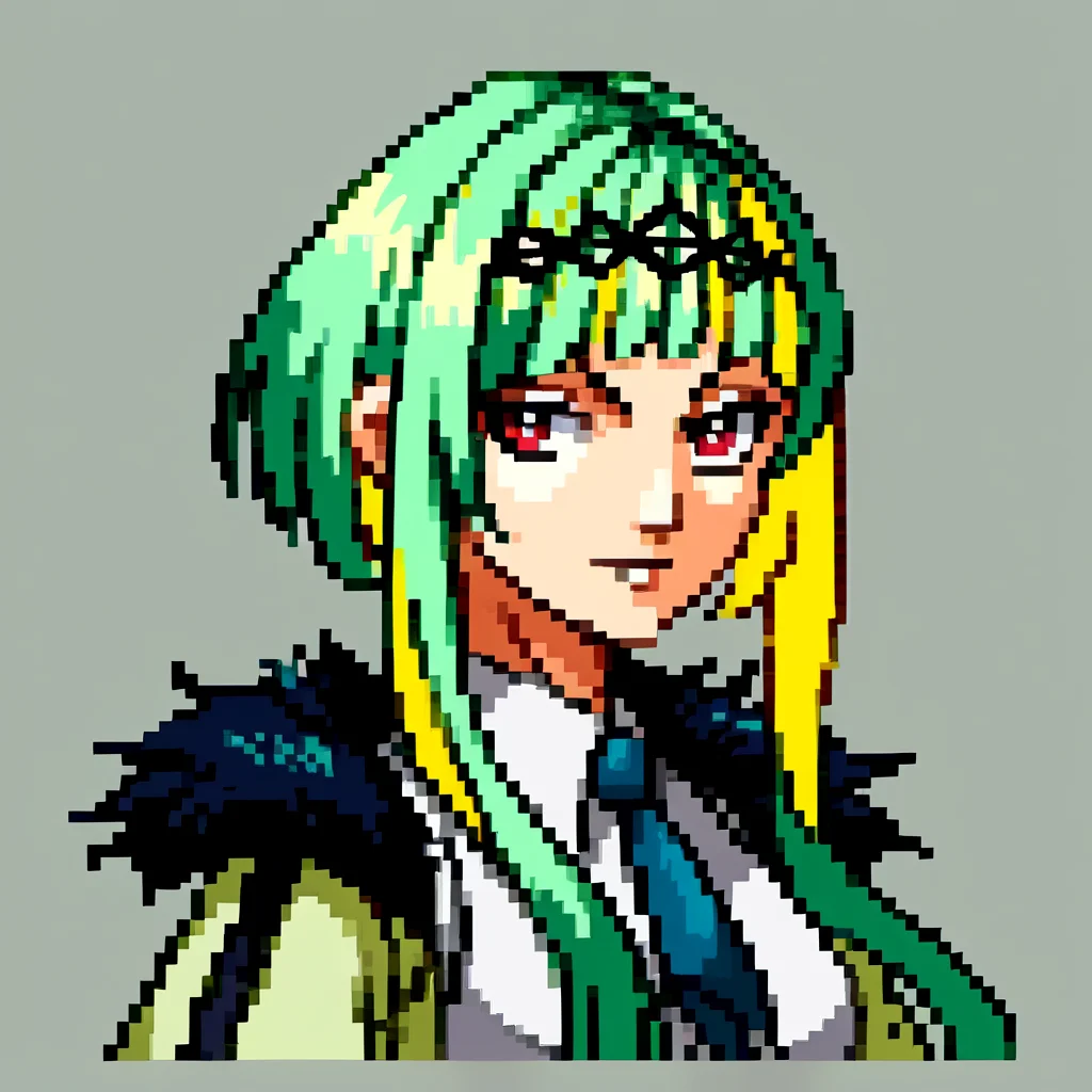 score_9, score_8_up, score_7_up, source_anime, BREAK, solo, 1girl, looking at viewer, <lora:P1-Portraits-pdxl_Fp:1>, portrait, simple background, pixel art, <lora:Ringo-pdxl_Fp:1>, ringosh2, short hair with long locks, green hair, multicolored hair, red eyes, hairband, white vest, necktie, sleeveless, collared shirt, jacket, cropped jacket, fur trim,